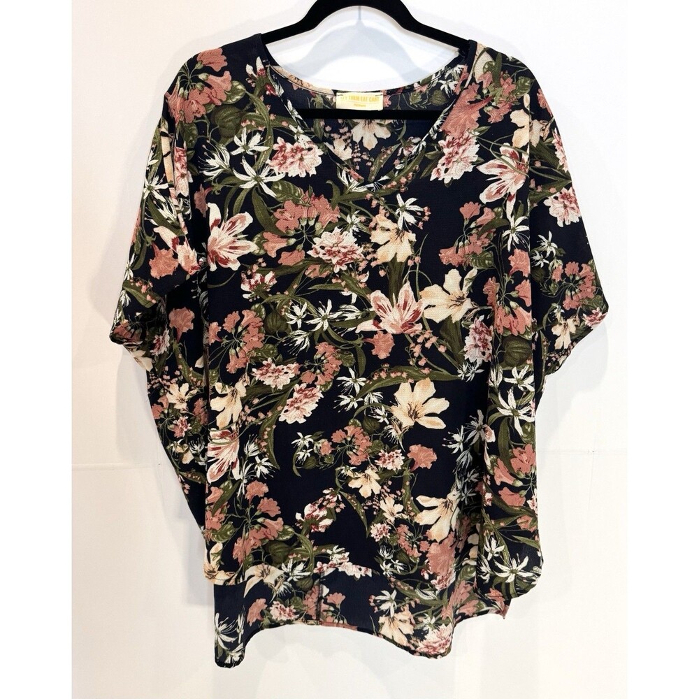 Let Them Eat Cake Floral Blouse Womens M Navy Oversized VNeck Short Sleeve Tunic